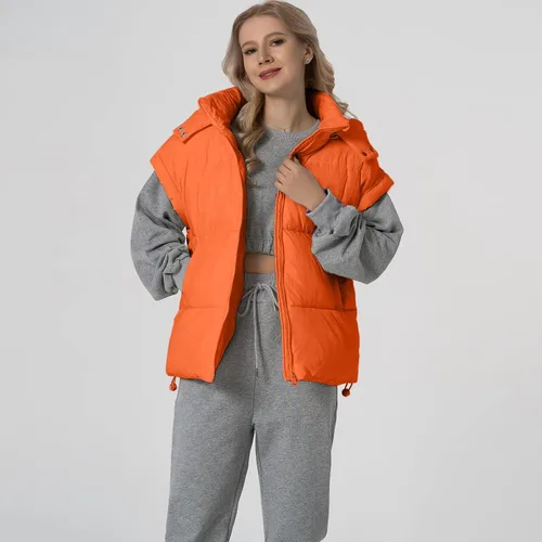 Vista 10 de Shiyifa Chaleco acolchado para mujer, chaqueta de gran tamaño, sin mangas, ligera, con cremallera, con capucha desmontable