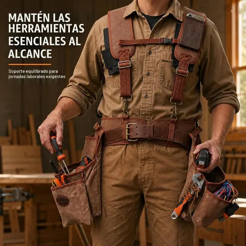 Vista 2 de Tourbon Cinturón de herramientas para carpintería resistente con tirantes desmontables de lona acolchada para enmarcadores de construcción