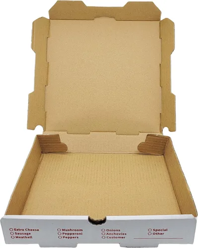 Vista 3 de Bits N Things Caja de pizza corrugada con flauta B 10 unidades (blanco con diseño, 7 x 7 x 2 pulgadas)