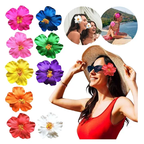 Vista 3 de 1 pinza para el pelo de flores hawaianas rojas para mujeres y niñas, accesorio para el cabello de flores bohemias para bailarina, novia, boda