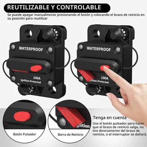 Vista 5 de DaierTek Disyuntor de circuito de 100 amperios de 12 V a 48 V, CC de 12 voltios 100 A en línea con reinicio manual, impermeable, para barco marino