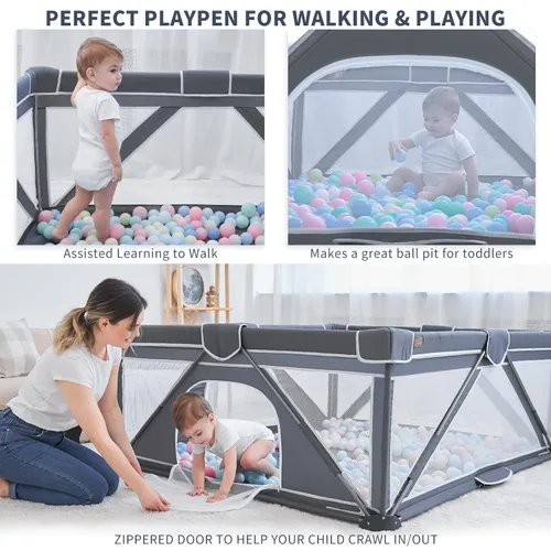 Vista 6 de Yobear - Corralito plegable para bebés y niños pequeños con 50 pelotas oceánicas y 2 asas, área de juego de seguridad para niños en interiores