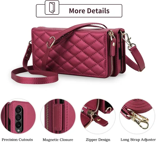Vista 6 de Compatible con Samsung Galaxy Z Fold 3 5G 2021 - Funda tipo cartera con cremallera y bloqueo RFID, correa para tarjetero, ranuras para tarjetas Rojo
