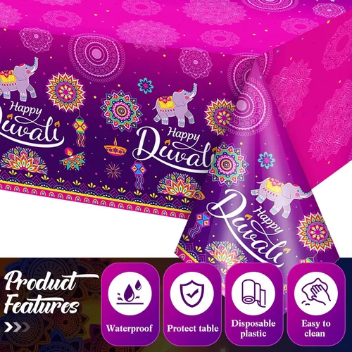 Vista 5 de Peryiter Happy Diwali Mantel desechable, mantel de plástico para mesas rectangulares, mantel Diwali para decoración de fiesta, celebración de luz
