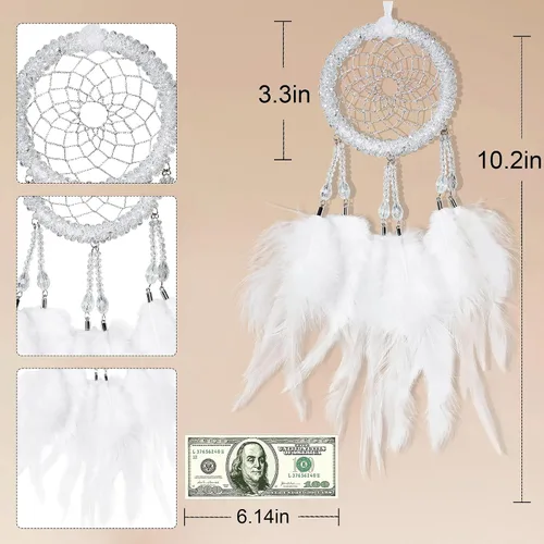 Vista 6 de Atrapasueños de lujo, pluma de gallo blanco con diamante de cristal, cordón de encaje, pequeño atrapasueños hecho a mano para dormitorio, un