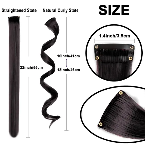 Vista 3 de 10 extensiones de cabello sintético rizado y ondulado negro con clip, reflejos de fiesta de neón arcoíris, accesorios de cabello coloridos