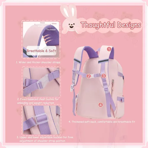 Vista 4 de VIDOSCLA Mochila de conejito para la escuela, Kawaii para niños y niñas, bolsas de libros, A# Rabbite kawaii púrpura, Chica-Conejito Kawaii