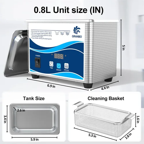 Vista 8 de Limpiador ultrasónico Granbo de 800 ml, máquina ultrasónica limpiadora de joyas 40 kHz con temporizador digital y desgasificación, limpiador
