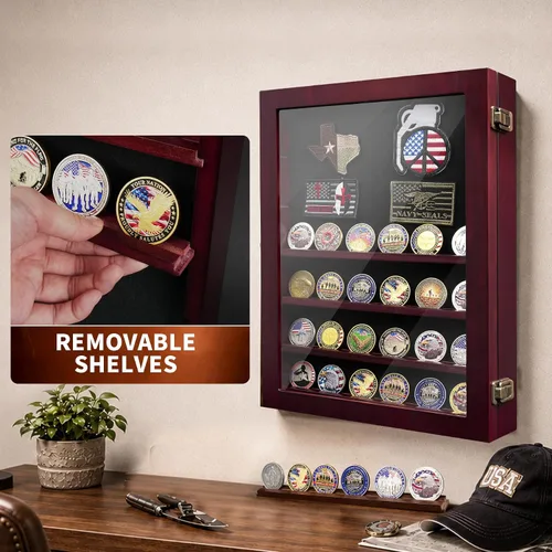 Vista 4 de ASmileIndeep Expositor de monedas de desafío militar de 6 filas, soporte de monedas de madera del ejército con vidrio templado HD, caja de Rojo