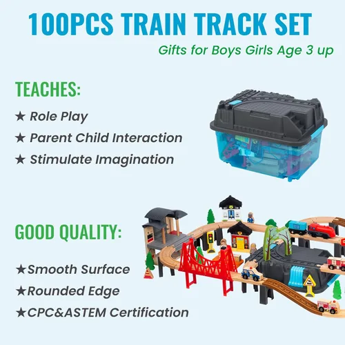 Vista 5 de 100 piezas de juego de tren de madera para niños de 3 años, juego de tren de doble cara con pistas, puente, estación de tren y caja