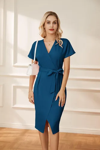 Vista 2 de GRACE KARIN Vestido de negocios de manga corta con cuello en V para mujer, con lazo en la cintura, vestido de cóctel con abertura, vestido midi