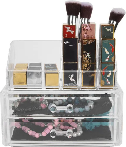 Vista 8 de Caja de almacenamiento de maquillaje, organizador transparente de dos niveles, joyería cosmética, lápiz labial, soporte para exhibición de lápiz