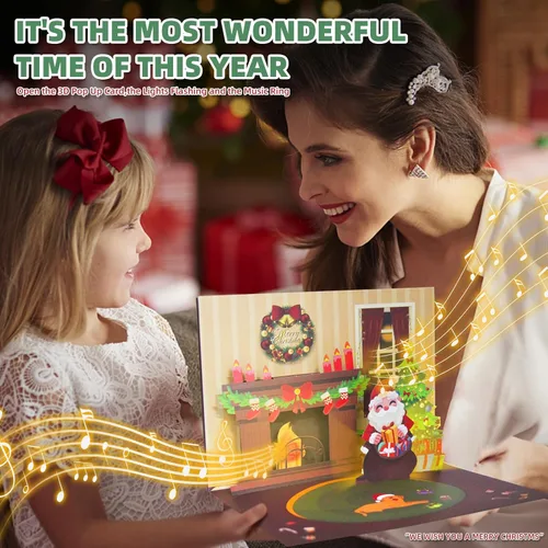 Vista 3 de XTF2015 Tarjeta de Navidad 3D Emergente con Música, Iluminación LED, Tarjeta de Felicitación con Chimenea y Sobre para Mujeres, Hombres, Niños