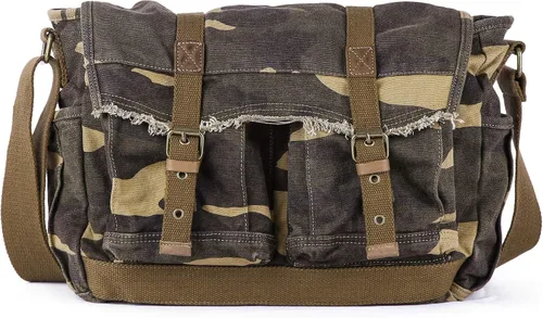 Vista 9 de GOOTIUM Canvas Messenger Bag - Vintage Shoulder Bag Frayed Style Boho Purse Negro