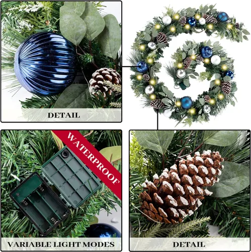Vista 3 de WANNA-CUL Guirnalda de Navidad preiluminada de 9 pies con luces, 50 esferas 01-plateado azul