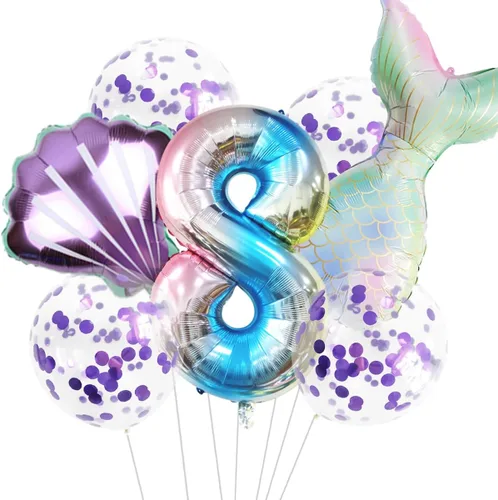 Vista 12 de 7 globos de sirena con números para fiesta de cumpleaños de 1, 2, 3, suministros de decoración de cola de sirena para niñas (número 0)