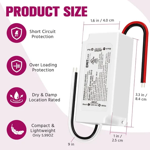 Vista 2 de EMITEVER 60W 24V Dimmable LED Driver, AC 120V a DC Transformador electrónico