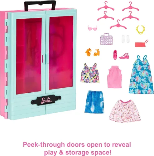 Vista 3 de Set de armario de Barbie con 3 conjuntos, accesorios de estilo y perchas, ropa para mezclar y combinar para más de 50 looks