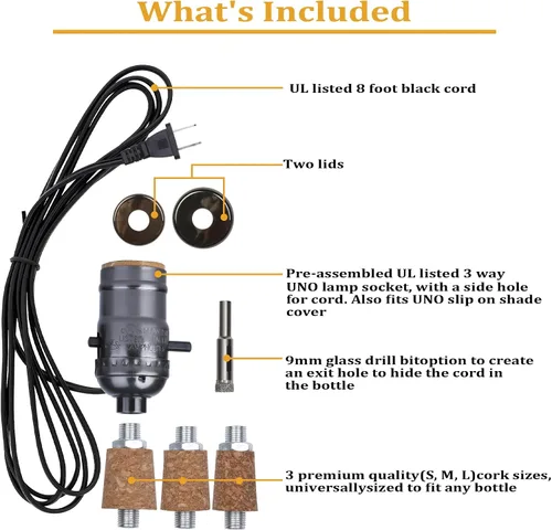 Vista 2 de Kit de lámpara de botella Aokpsrt con broca de vidrio de 9mm DIY Kit de lámpara para botellas de licor con enchufe deslizante y cable