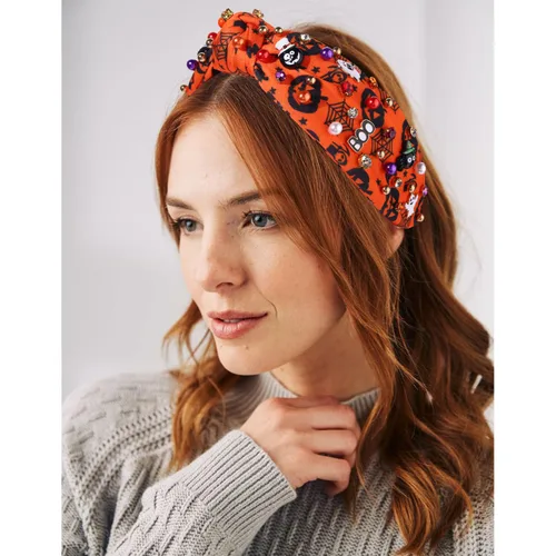 Vista 2 de Diadema ancha con nudo superior y cuentas de perlas de cristal, adorno de calabaza y caramelo de calabaza, accesorio de Halloween para mujer
