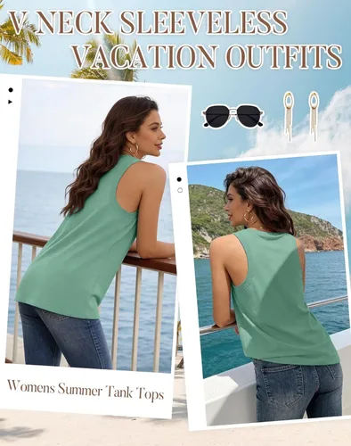 Vista 3 de KKJ Paquete de 3 camisetas sin mangas para mujer 2026 primavera verano vacaciones trajes cuello en V suelta sin mangas blusa casual camisas ropa