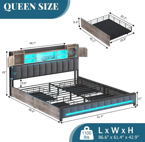 Vista 2 de CSZZD Base de cama Queen con 4 cajones de almacenamiento y cabecera de estantería, marco de cama LED tapizado Queen con estación de carga tipo C