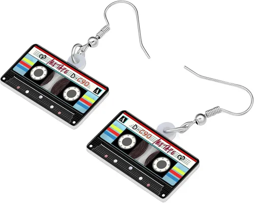 Vista 3 de Aretes vintage con cinta de casete colgantes, fonógrafo, retro, joyería de televisión, nostalgia de los años 90 y 80, accesorios para mujer