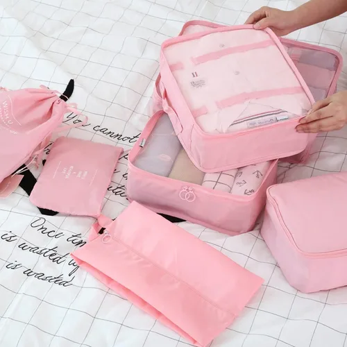 Vista 6 de Juego de 7 cubos de equipaje de viaje, organizador de equipaje para maleta, juego de bolsas para artículos esenciales de viaje, accesorios de viaje