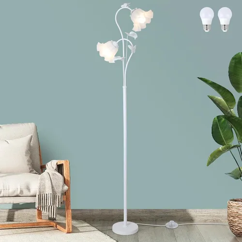 Vista 10 de HMVPL Lámpara de pie dorada para sala de estar, lámpara de pie de flor con 2 bombillas LED de 5 W, interruptor de pie, lámpara alta floral