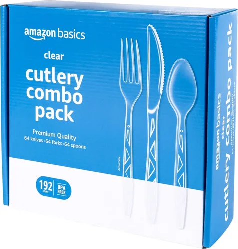 Vista 6 de Amazon Basics Juego de cubiertos desechables transparentes surtidos, calidad premium, 192 unidades, paquete grande combinado de tenedores, cucharas