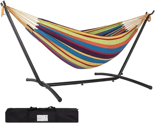 Vista 10 de Prime Garden - Hamaca con soporte para exterior, soporte de acero resistente y ahorro de espacio con capacidad de 450 lb, hamaca doble con bolsa