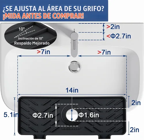 Vista 2 de Alfombrilla de Silicona para Grifo de Fregadero de Cocina – Gen 3 Protector contra Salpicaduras con Pendiente de 10° con Orificio Recortable