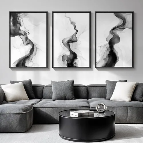 Vista 33 de Arte de pared abstracto moderno enmarcado en blanco y negro, 3 piezas de impresiones en lienzo pinturas obras de arte para paredes, cuadros Negro