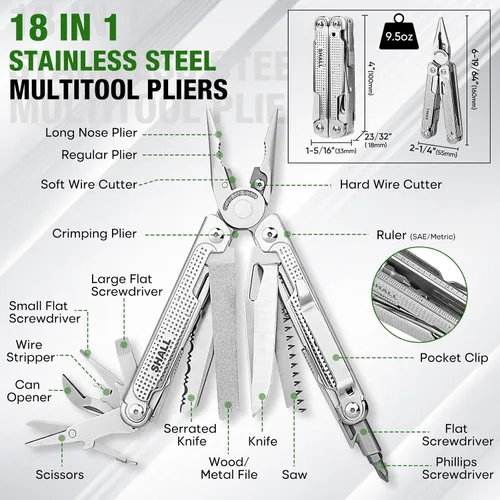 Vista 2 de SHALL Multiherramienta, alicates multiherramienta 18 en 1, cuchillo de bolsillo multiherramienta de acero inoxidable con broca de destornillador