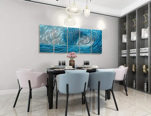 Vista 7 de BATRENDY ARTS Arte de pared de metal con ondas azules, escultura colgante en 3D, pintura de aluminio pulido a mano para sala de estar, dormitorio