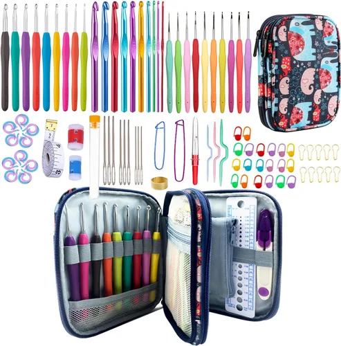 Vista 8 de Juego de 100 ganchos de ganchillo en estuche con mango ergonómico de agarre suave, hilo para tejer, agujas de tejer, kit de accesorios para agujas