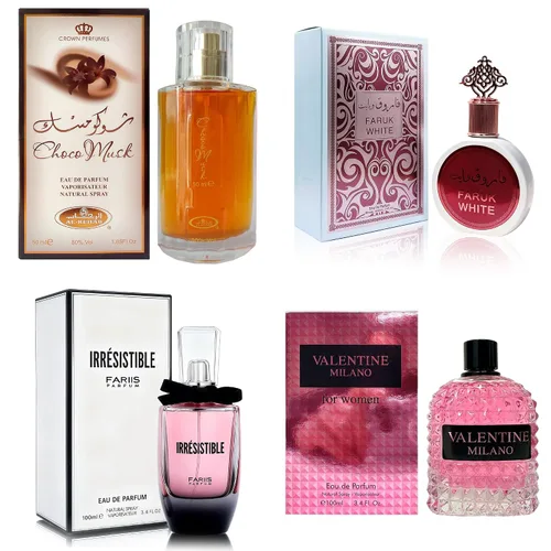 Vista 13 de AFLUXE Set de perfume para mujer, 4 piezas, colección Eau De Parfum de larga duración, almizcle Choco/Milano Mujer/6pm Rosa/7AM Fresh