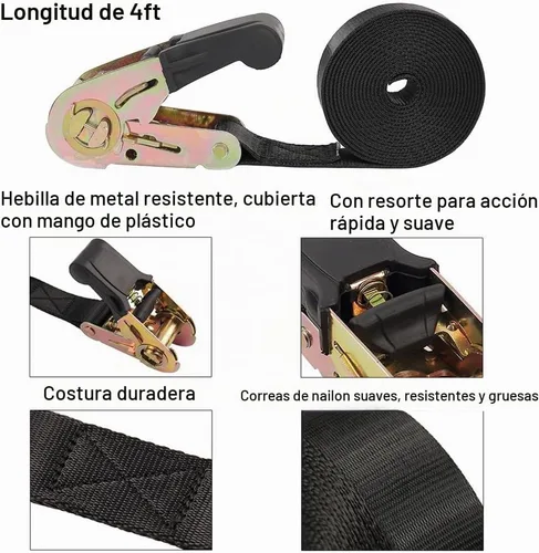 Vista 2 de Correas de amarre de trinquete sin fin, amarre de carga resistente, correa negra de nailon resistente de 4 pies, correas de seguridad de trinquete