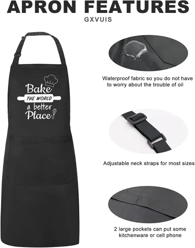 Vista 4 de Baking Lover - Delantal para mujer Bake the World a Better Place impermeable, ajustable, 2 bolsillos, delantal de cocina, regalo