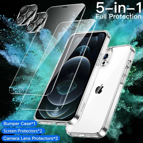 Vista 2 de JETech Funda 5 en 1 para iPhone 12 Pro Max, antiamarilleo, transparente 2 protectores de pantalla de vidrio templado, 2 protectores de lente