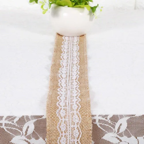 Vista 3 de Rollo de cinta de yute natural con encaje blanco para boda, fiesta, evento, decoración del hogar (tamaño: #6)