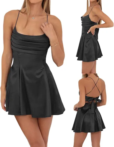 Vista 5 de Nyapruwe Vestido sexy sin mangas sin espalda de verano para mujer, con tirantes delgados, nudo en la espalda, acampanado, vestido de fiesta