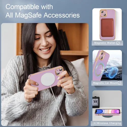 Vista 3 de QLTYPRI Funda magnética para iPhone 13 de 6.1 pulgadas, compatible con MagSafe, funda de silicona suave con borde chapado de lujo con protección