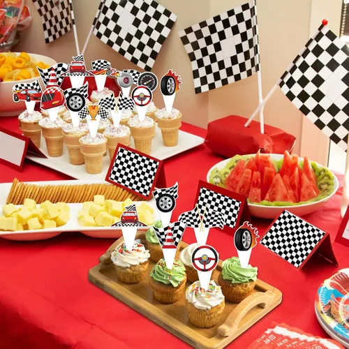 Vista 3 de 48 paquetes de toppers y envolturas de cupcakes de coche de carreras, decoración de pastel de fiesta de carreras con temática de carreras y cuadros