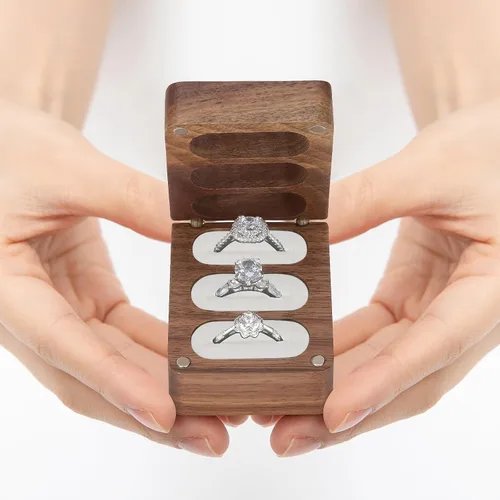 Vista 5 de LETURE Caja de terciopelo de madera con 3 ranuras, caja de madera personalizada para compromiso, boda, cumpleaños, día de San Valentín