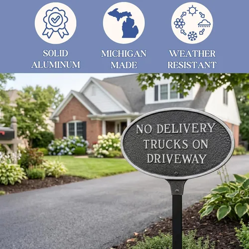 Vista 4 de Montague Metal Products - Placa ovalada con texto en inglés "No Delivery Trucks on Driveway" - Placa de visualización de pared o césped - Señal