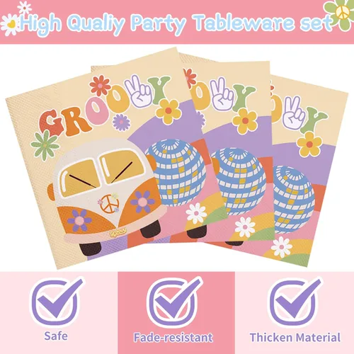 Vista 5 de Juego de vajilla de 120 piezas para fiesta de estilo bohemio hippie con margaritas que incluye platos, servilletas y tazas para decoración de fiesta