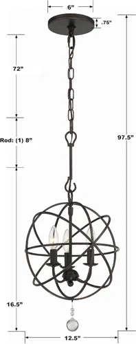 Vista 6 de Crystorama Solaris - Mini candelabro de bronce inglés de 3 luces, lámpara de techo - Candelabros para pasillo, sala de estar, vestíbulo, granja