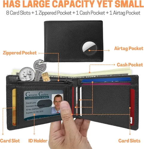 Vista 2 de elzama Cartera inteligente de piel auténtica con bolsillo con cremallera y llavero con etiqueta de aire billeteras pequeñas para hombres y mujeres