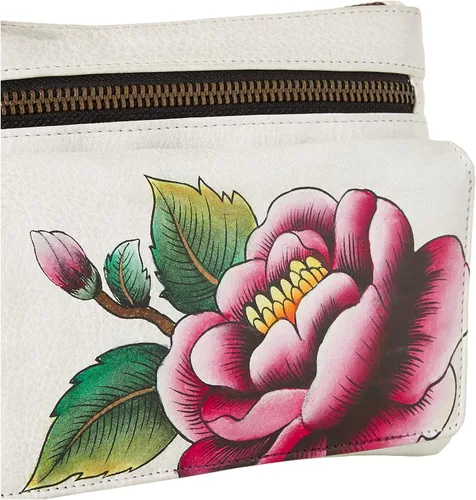 Vista 3 de Anna by Anuschka Cartera organizadora de cuero pintada a mano para mujer, Peonía Marfil